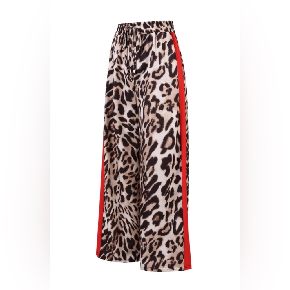 Leopard Print Wide Leg Palazzo Pants with Red Side Stripe | Elastic Waist - Picture 5 of 6